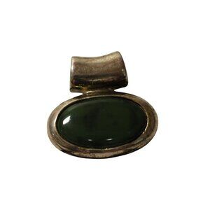 Silver Tone Oval Pendant Green Nephrite Jade Cabochon